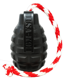 USA-K9 Grenade Durable Rubber Chew Toy, Treat Dispenser, Reward Toy, Tug Toy, and Retrieving Toy (Color: Black, size: medium)